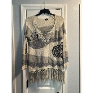 Fate Boho Patchwork Knit Sweater Fringe Hem Neutral V-Neck Medium
